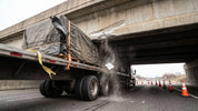 Carga industrial sobredimensionada transportada en plataforma especializada frente a un puente con altura restringida.