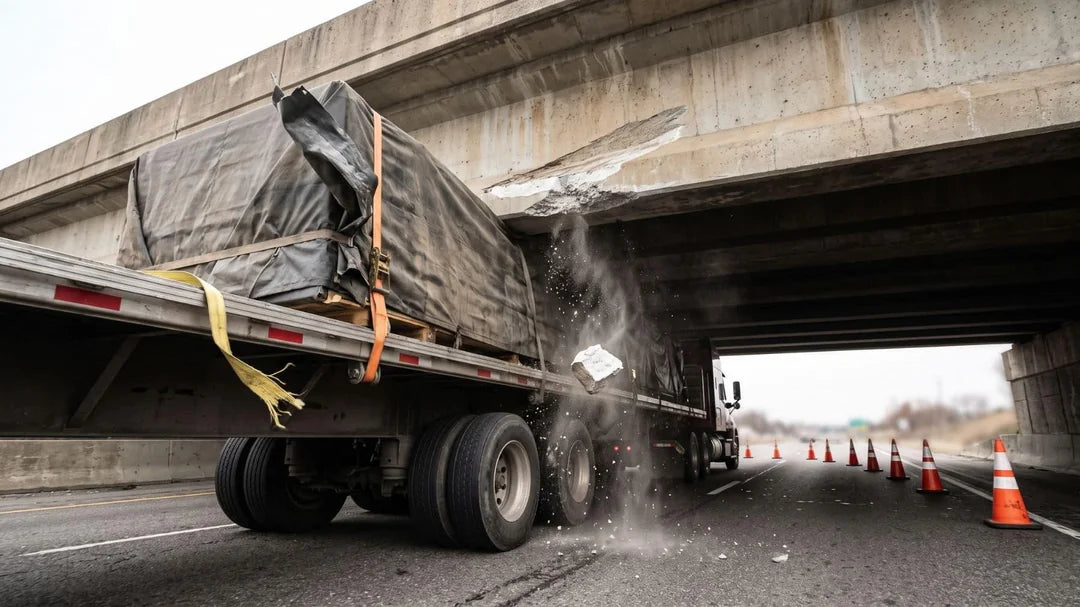 Carga industrial sobredimensionada transportada en plataforma especializada frente a un puente con altura restringida.